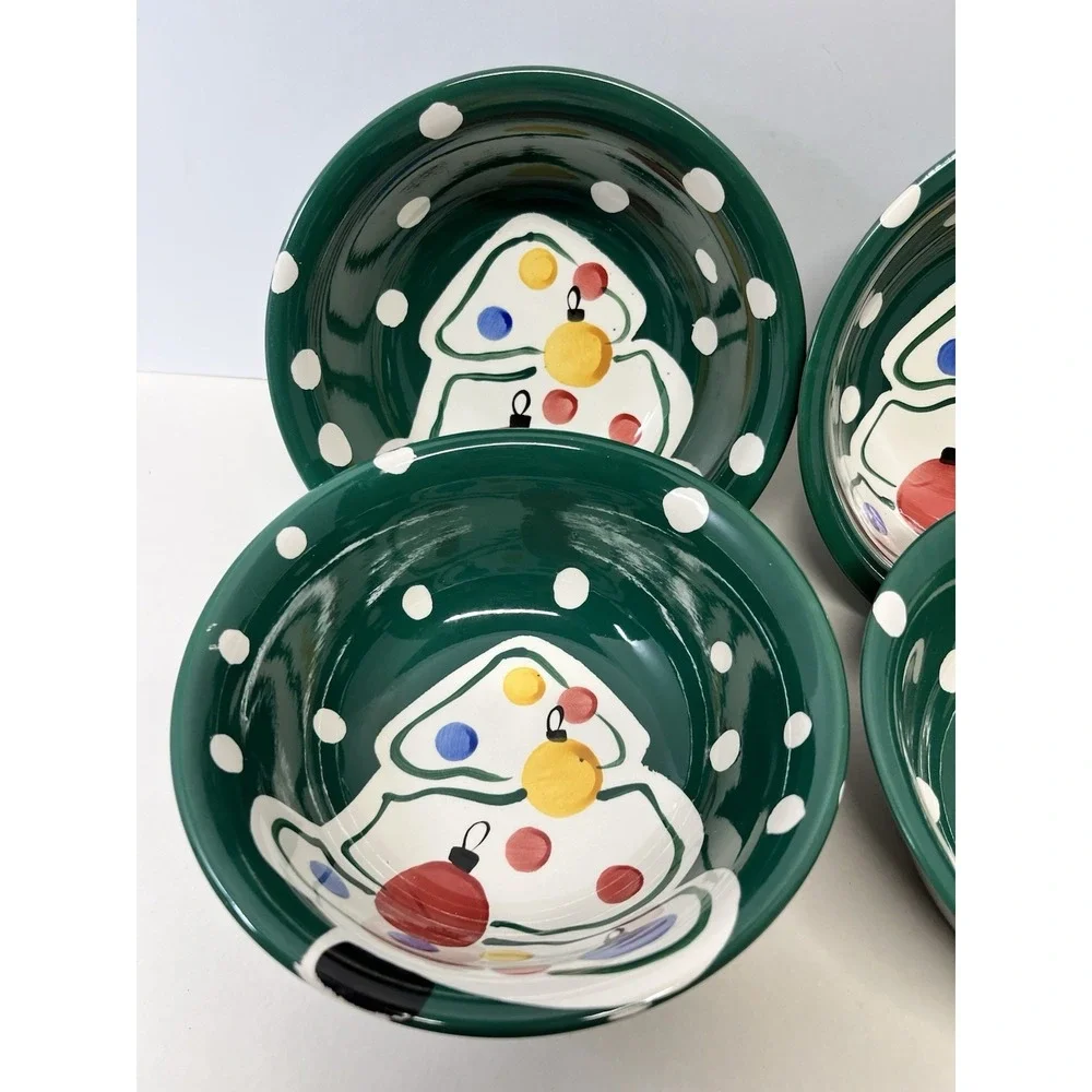 Gibson Everyday Hand-Painted Green and White Christmas Tree Bowls Set Of 4